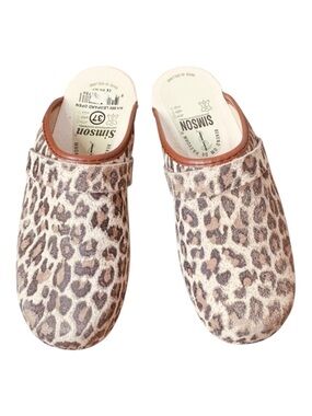 SIMSON Women's Holland Clog Wood Leather Leopard Print Orthopedic Size 37
